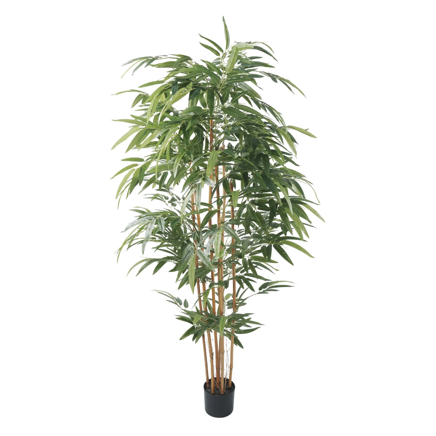 An artificial bamboo plant with green leaves and tan stalks, potted in a black plastic container, shown against a plain white background.