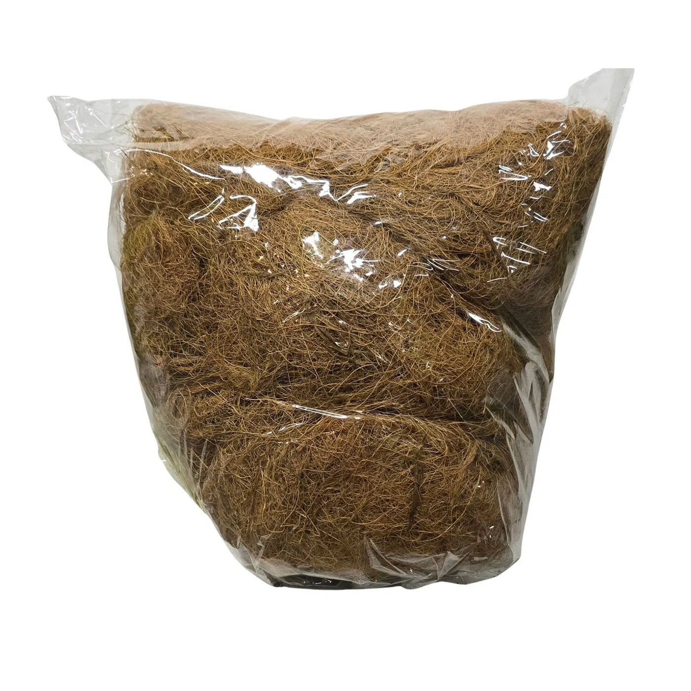 A clear plastic bag filled with brown coir or fibrous plant material, photographed against a plain white background.
