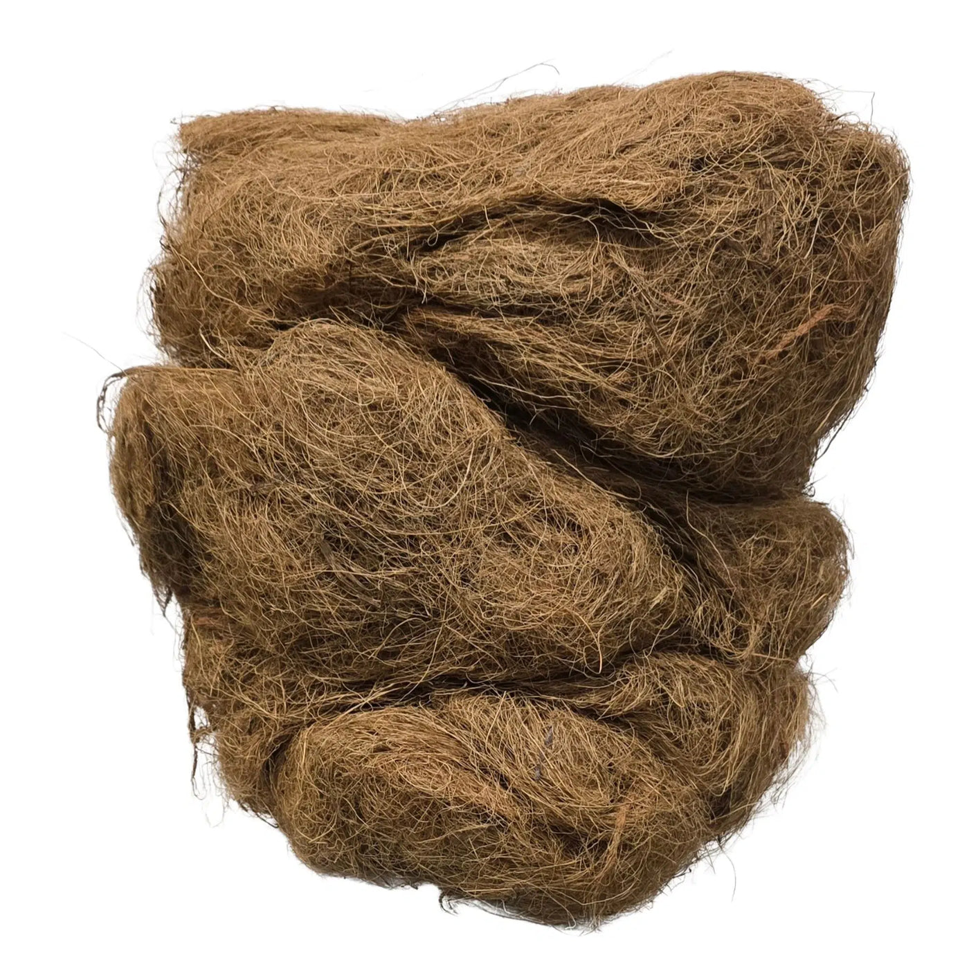 A bundle of brown coir fiber or coconut husk material, photographed against a plain white background.