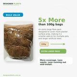 Promotional graphic for a Designer Plants bulk value extra large fibre pack, showing a clear plastic bag filled with brown coconut coir on the left and text on the right comparing 100g bags to a 5x more extra large pack.
