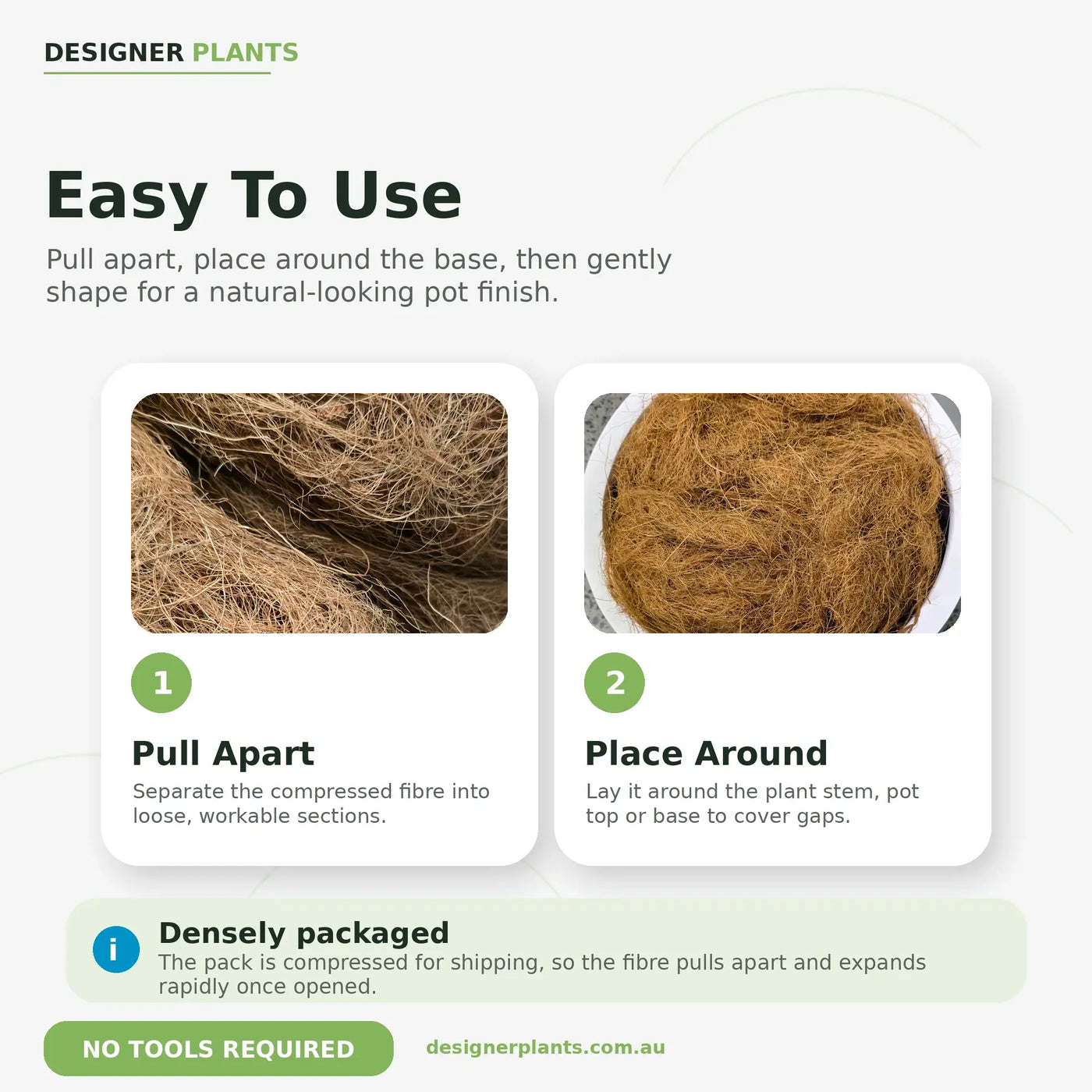 Instruction graphic for Designer Plants showing how to use a compressed fibre potting medium. The image features two step-by-step panels: Step 1 'Pull Apart' showing the compressed brown fibre, and Step 2 'Place Around' showing the expanded brown fibre, with text explaining the process and a note about dense packaging for shipping.