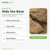 A promotional graphic for a potting material product. The left side contains text reading 'Use It To Hide the Base' with bullet points about covering plastic nursery pots, foam and filler, wide planters, and retail displays.
