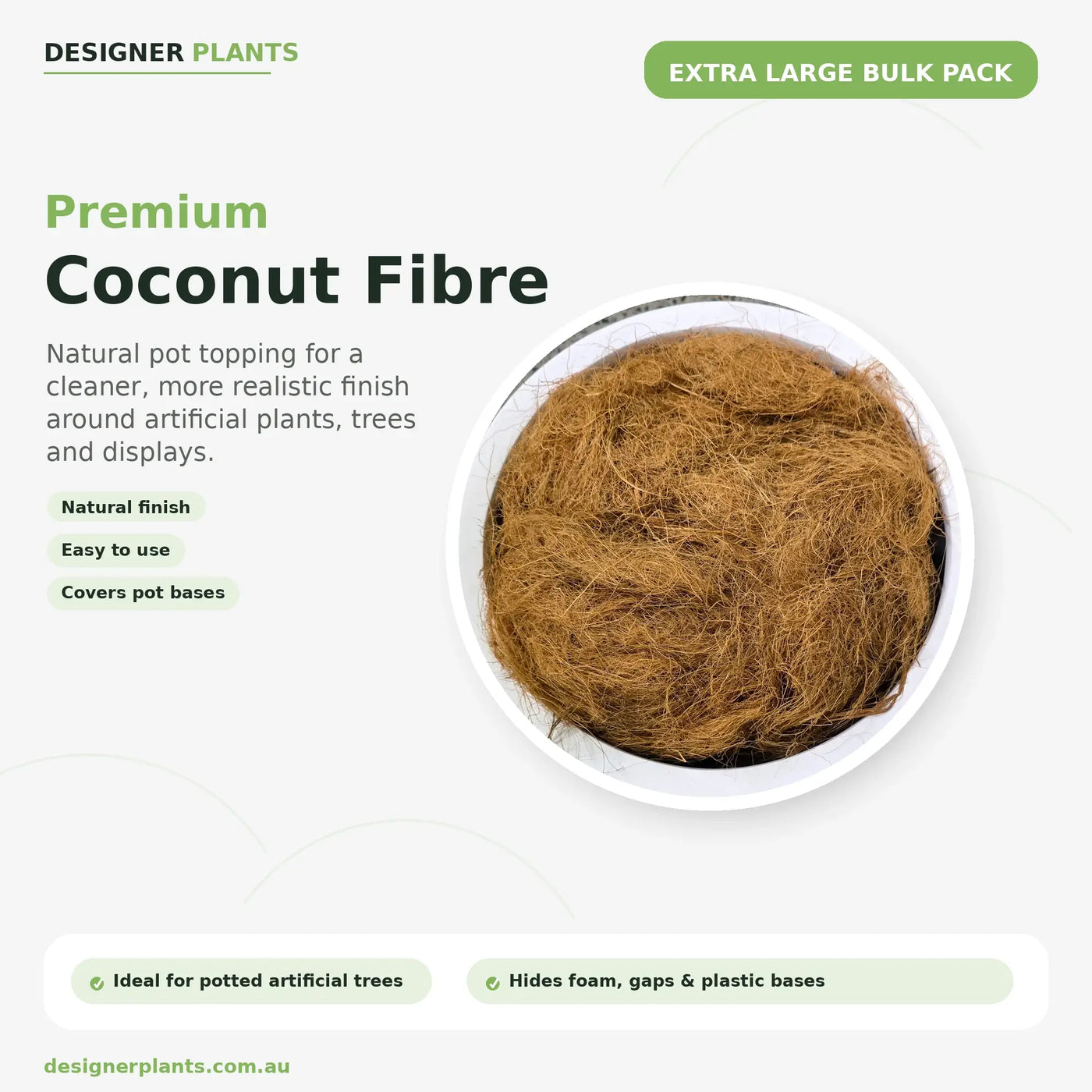 A promotional graphic for Designer Plants Premium Coconut Fibre, showing a white bowl filled with brown coconut fibre on a light gray background with product text and badges.
