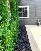 Green wall with pebbles leading to a outdoor shower area