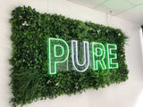 Neon sign spelling 'PURE' surrounded by green foliage on a white wall.