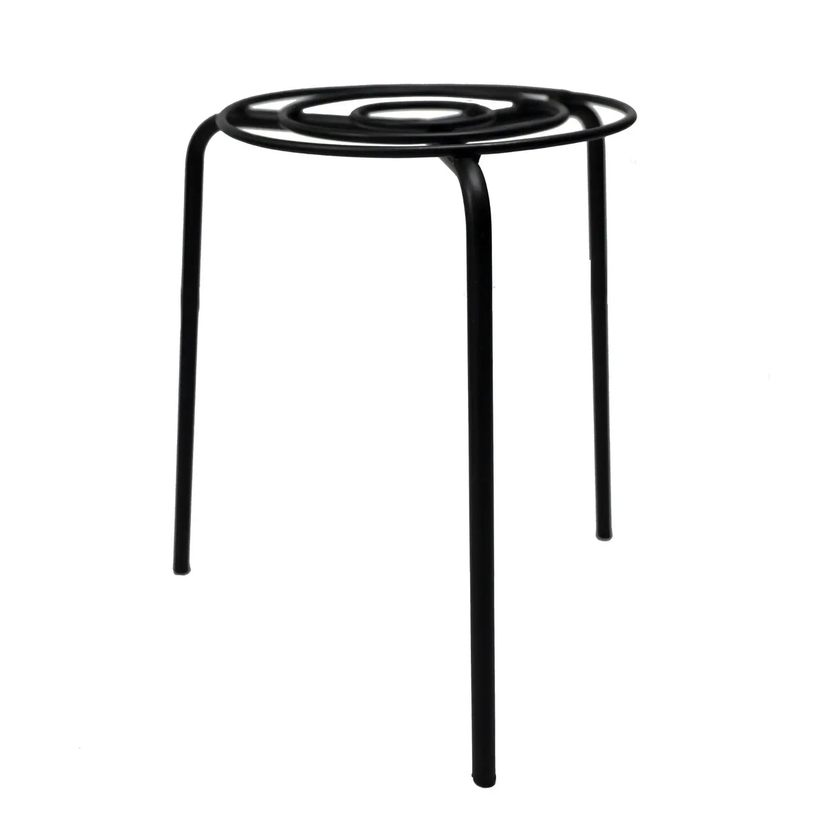 Durable circular metal plant pot riser insert 26cm, angled view showing tripod legs and ring top