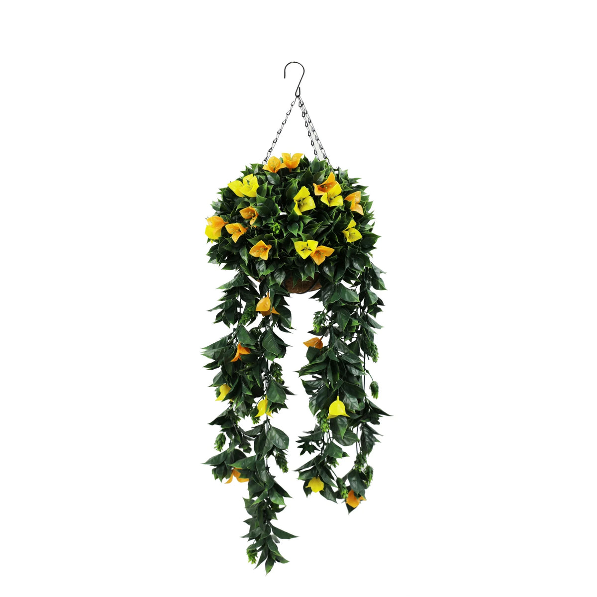 Artificial Hanging Basket Orange and Yellow Bouganvillea 30cm x 80cm Long UV Resistant - Designer Plants