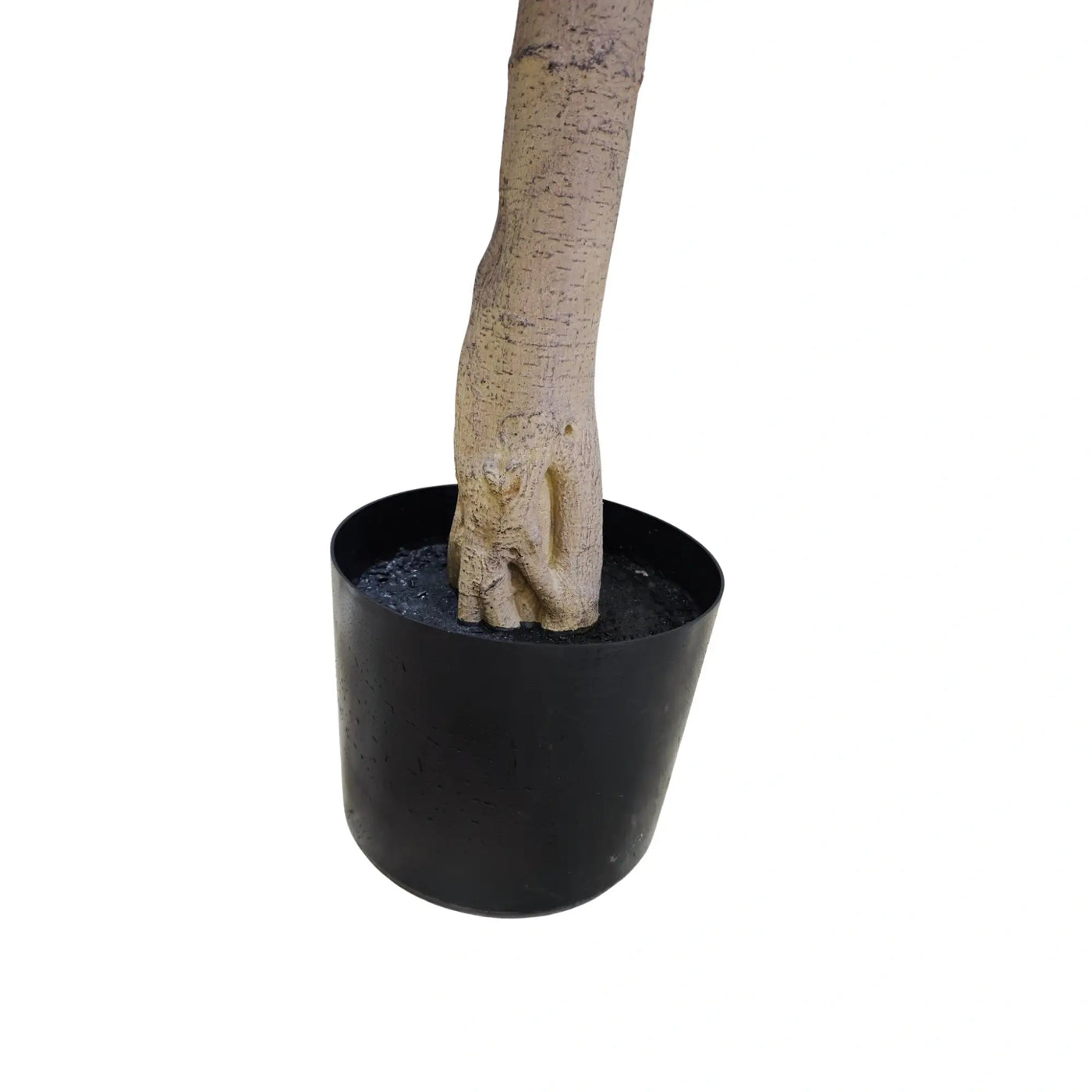 A potted artificial tree trunk with a textured beige faux bark stem rising from a black plastic nursery pot filled with dark soil, shown against a plain white background.