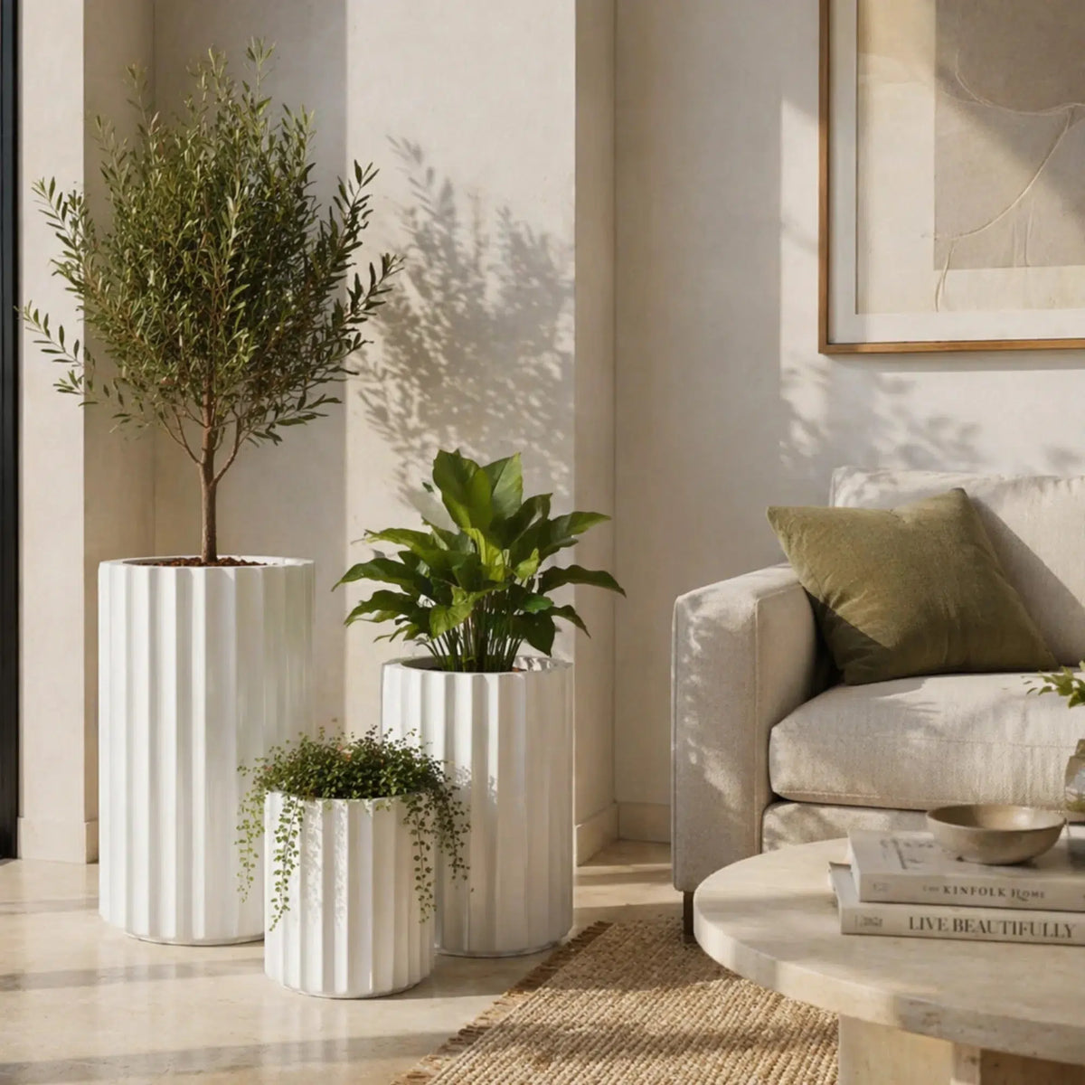 Set of 3 Luxury Rounded Ribbed Planter Premium Pot Range White