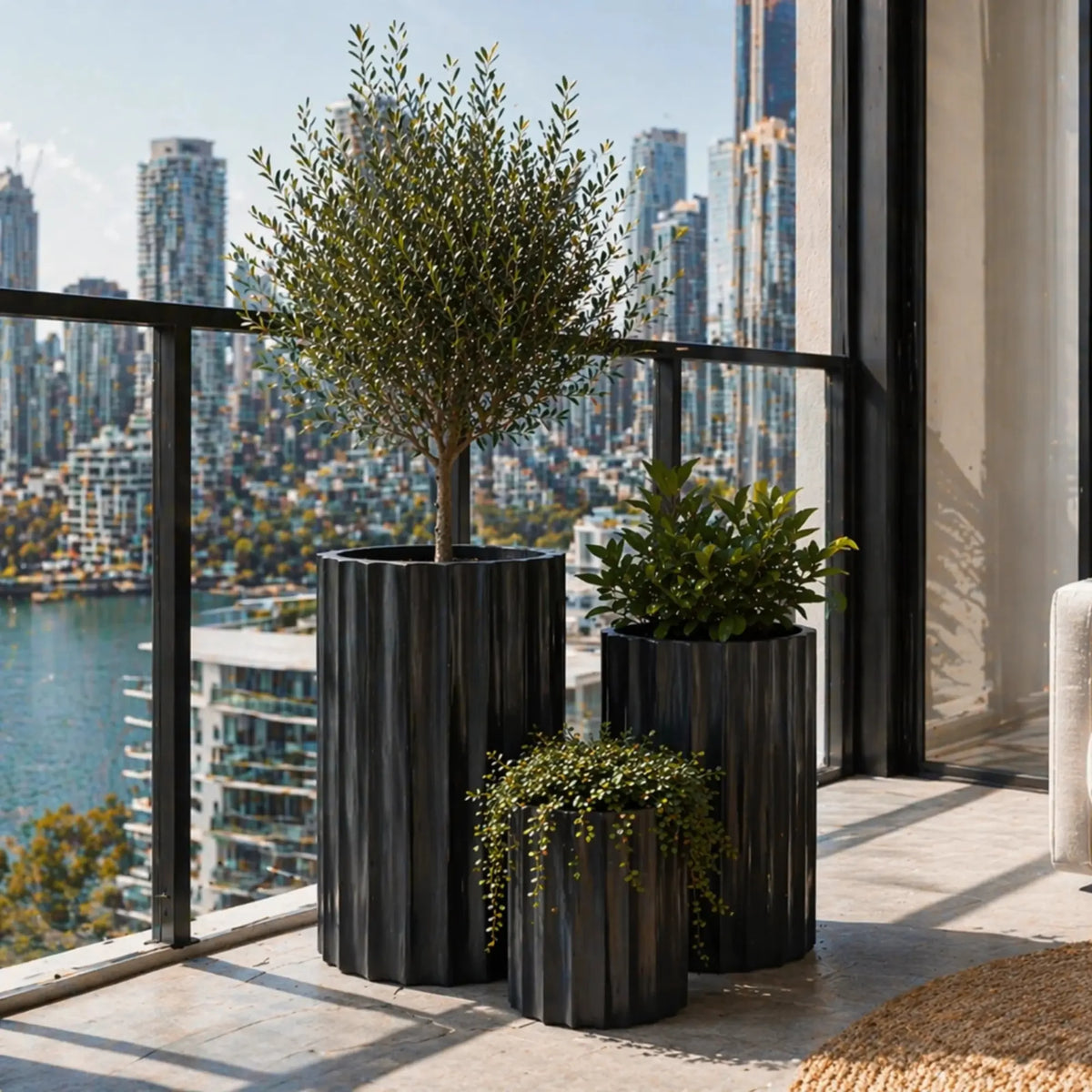Set of 3 Luxury Rounded Ribbed Planter Premium Pot Range Black - Designer Plants