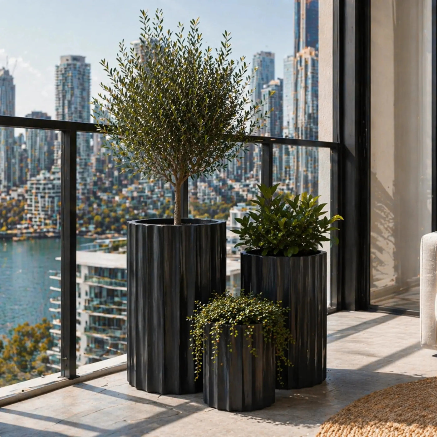 Set of 3 Luxury Rounded Ribbed Planter Premium Pot Range Black - Designer Plants