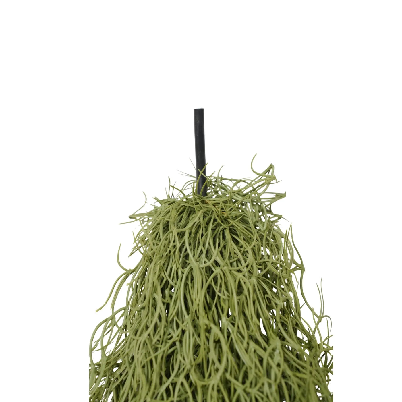 A hanging artificial plant made of long, wispy light green strands attached to a black hanging stem, shown against a plain white background.