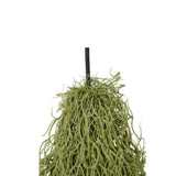 A hanging artificial plant made of long, wispy light green strands attached to a black hanging stem, shown against a plain white background.
