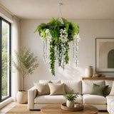 Black Artificial Hanging Wisteria Disc Chandelier with Trailing White Blooms & Fern Foliage — 60cm UV Resistant