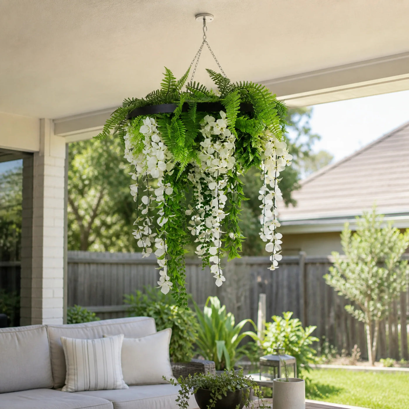 Black Artificial Hanging Wisteria Disc Chandelier with Trailing White Blooms & Fern Foliage — 60cm UV Resistant