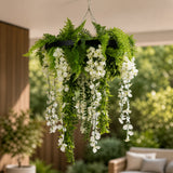 Black Artificial Hanging Wisteria Disc Chandelier with Trailing White Blooms & Fern Foliage — 60cm UV Resistant