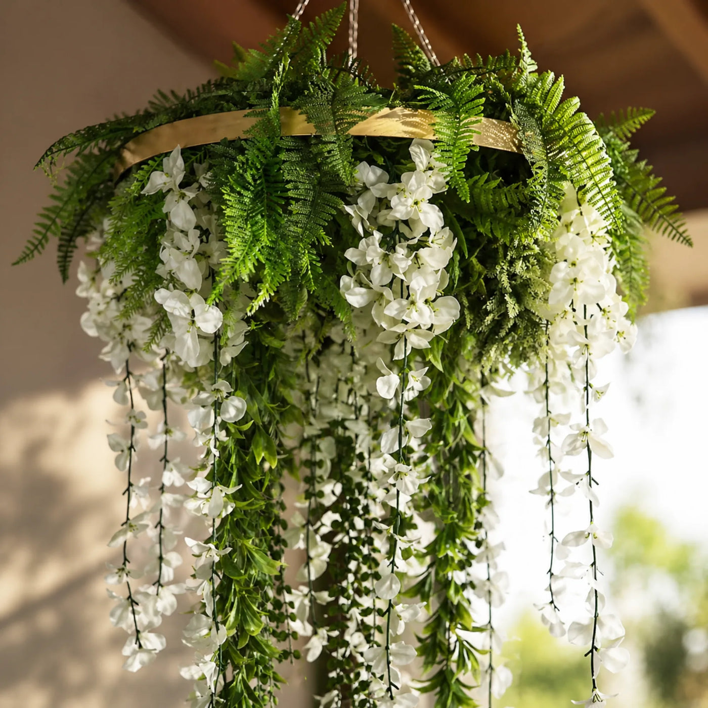 Gold Artificial Hanging Wisteria Disc Chandelier with Trailing White Blooms & Fern Foliage — 60cm UV Resistant