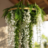 Gold Artificial Hanging Wisteria Disc Chandelier with Trailing White Blooms & Fern Foliage — 60cm UV Resistant