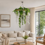 Gold Artificial Hanging Wisteria Disc Chandelier with Trailing White Blooms & Fern Foliage — 60cm UV Resistant