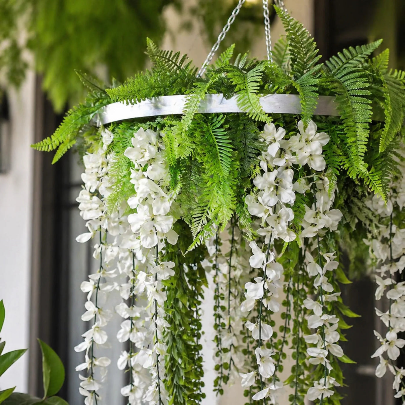 Silver Artificial Hanging Wisteria Disc Chandelier with Trailing White Blooms & Fern Foliage — 60cm UV Resistant