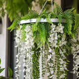Silver Artificial Hanging Wisteria Disc Chandelier with Trailing White Blooms & Fern Foliage — 60cm UV Resistant