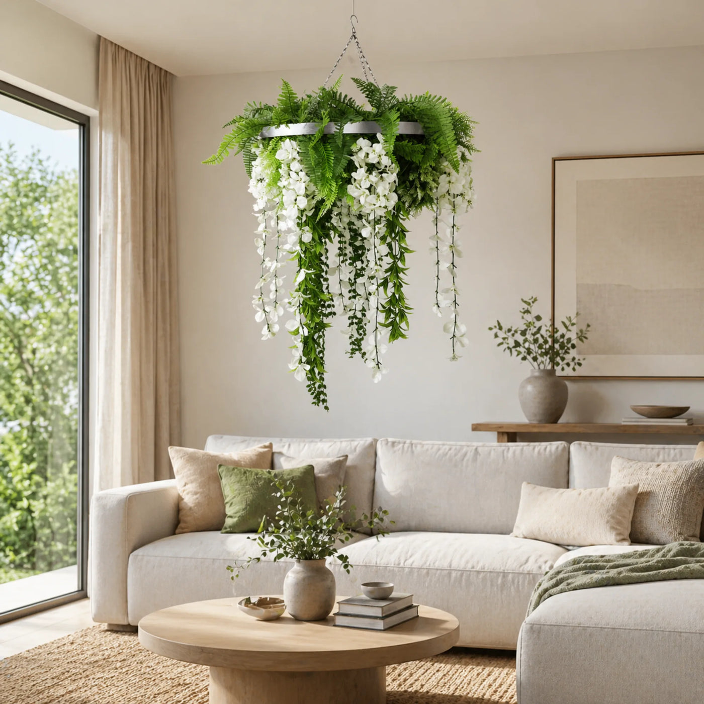 Silver Artificial Hanging Wisteria Disc Chandelier with Trailing White Blooms & Fern Foliage — 60cm UV Resistant