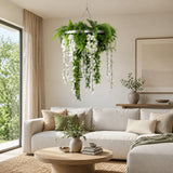 Silver Artificial Hanging Wisteria Disc Chandelier with Trailing White Blooms & Fern Foliage — 60cm UV Resistant