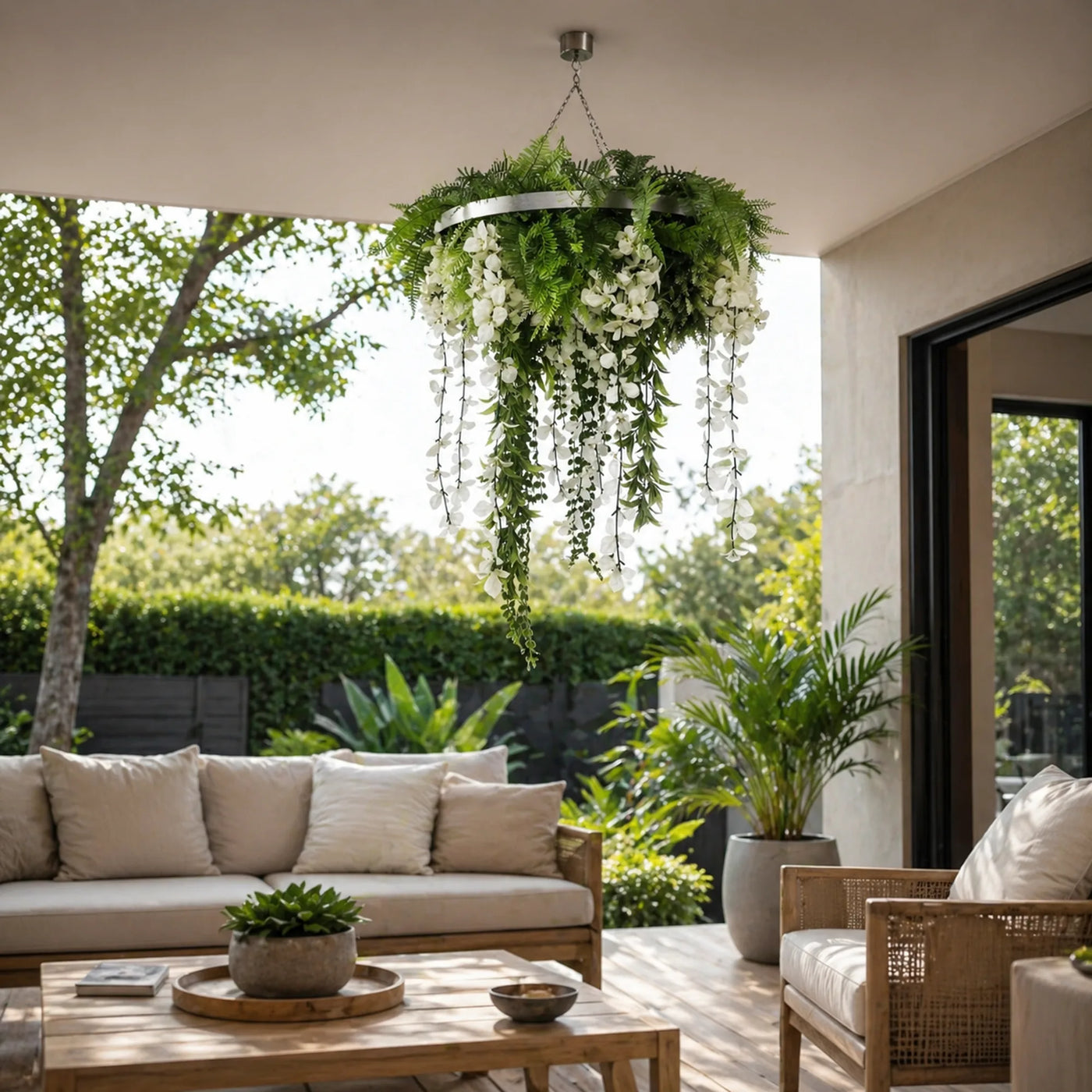 Silver Artificial Hanging Wisteria Disc Chandelier with Trailing White Blooms & Fern Foliage — 60cm UV Resistant