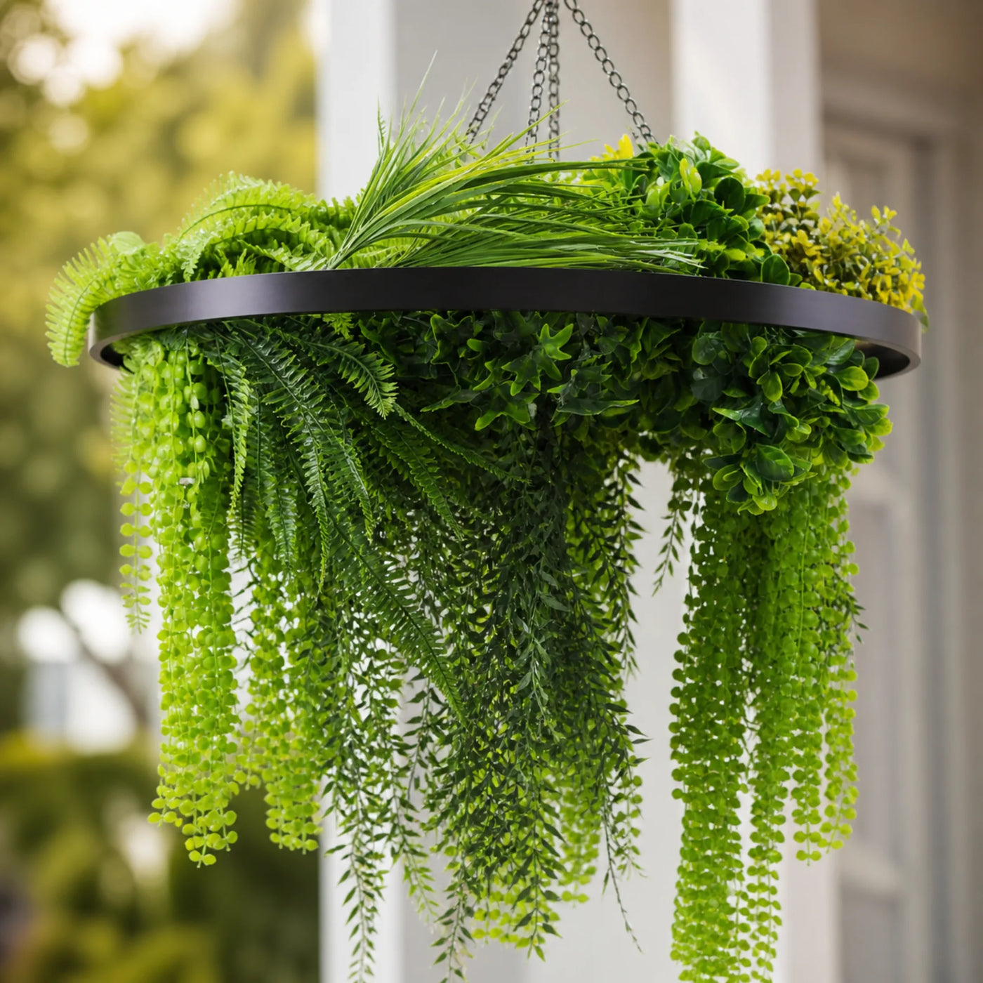 Black Artificial Hanging Plant Disc Chandelier with Realistic Draping Greenery & Ferns — 80cm UV Resistant