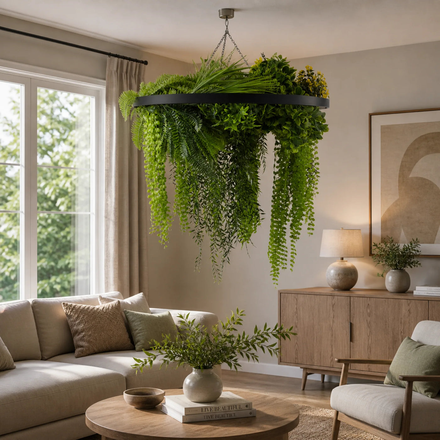 Black Artificial Hanging Plant Disc Chandelier with Realistic Draping Greenery & Ferns — 80cm UV Resistant