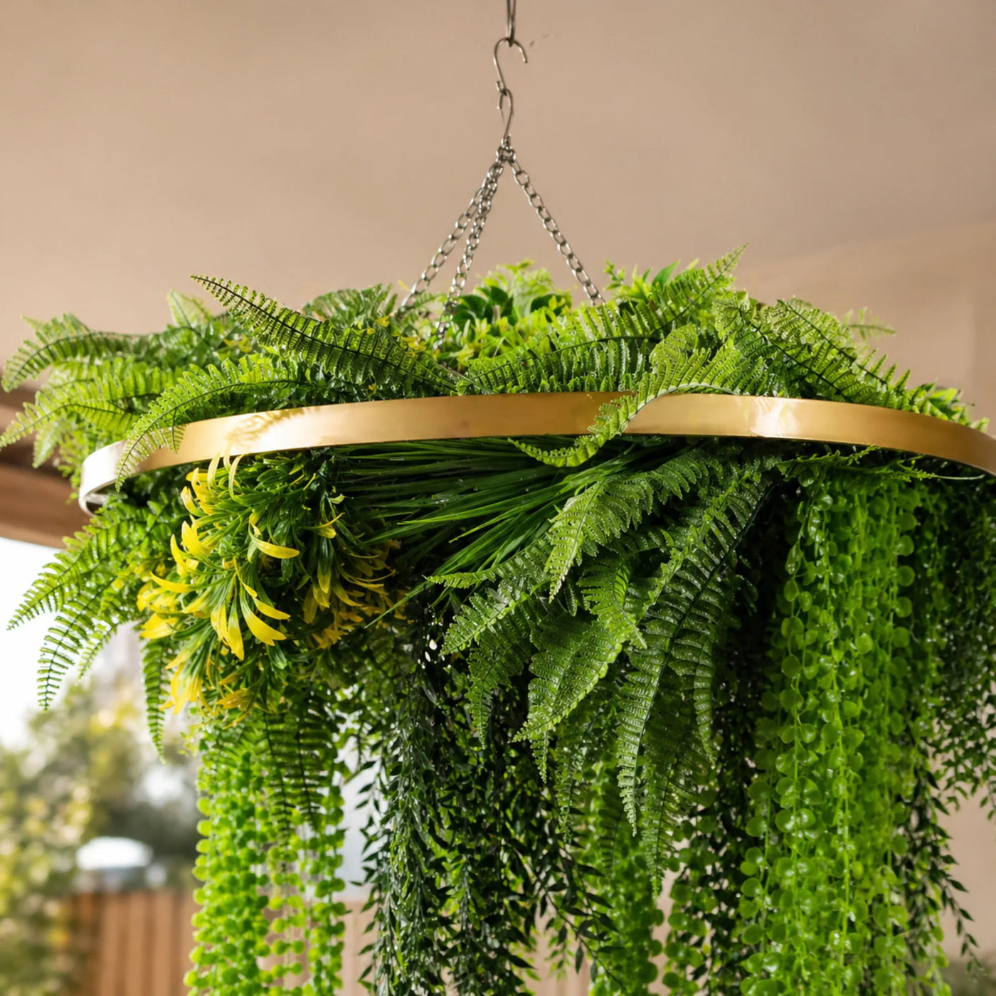 Gold Artificial Hanging Plant Disc Chandelier with Realistic Draping Greenery & Ferns — 80cm UV Resistant