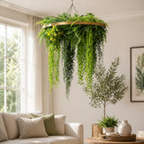 Gold Artificial Hanging Plant Disc Chandelier with Realistic Draping Greenery & Ferns — 80cm UV Resistant