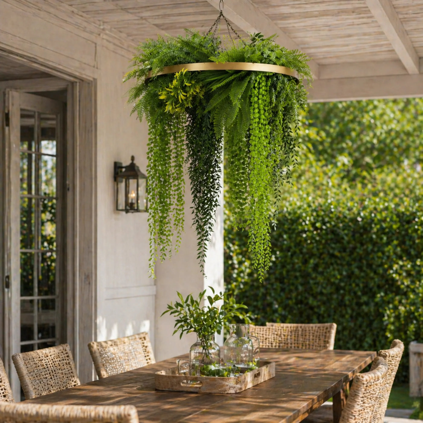 Gold Artificial Hanging Plant Disc Chandelier with Realistic Draping Greenery & Ferns — 80cm UV Resistant