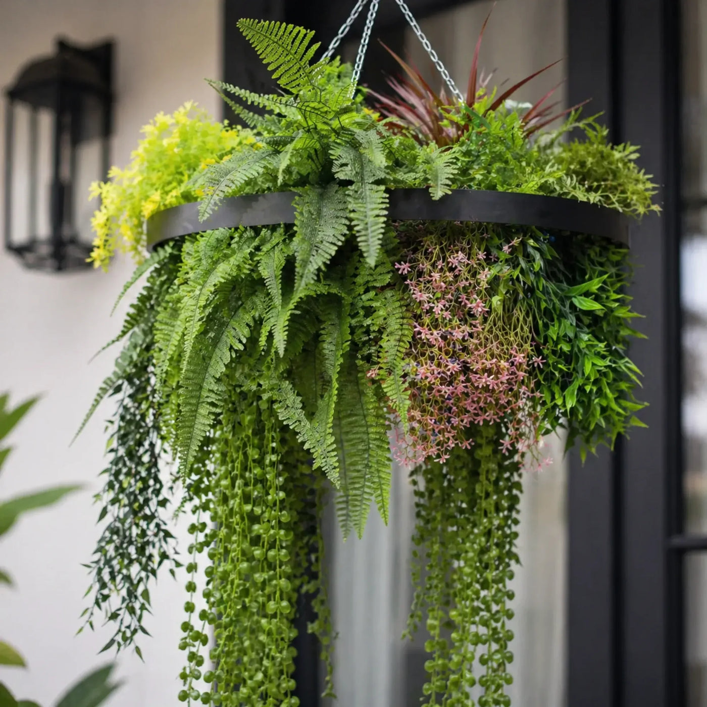 Black Artificial Hanging Plant Disc Chandelier with Tropical Fern Foliage & Trailing Greenery — 60cm UV Resistant