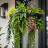 Black Artificial Hanging Plant Disc Chandelier with Tropical Fern Foliage & Trailing Greenery — 60cm UV Resistant
