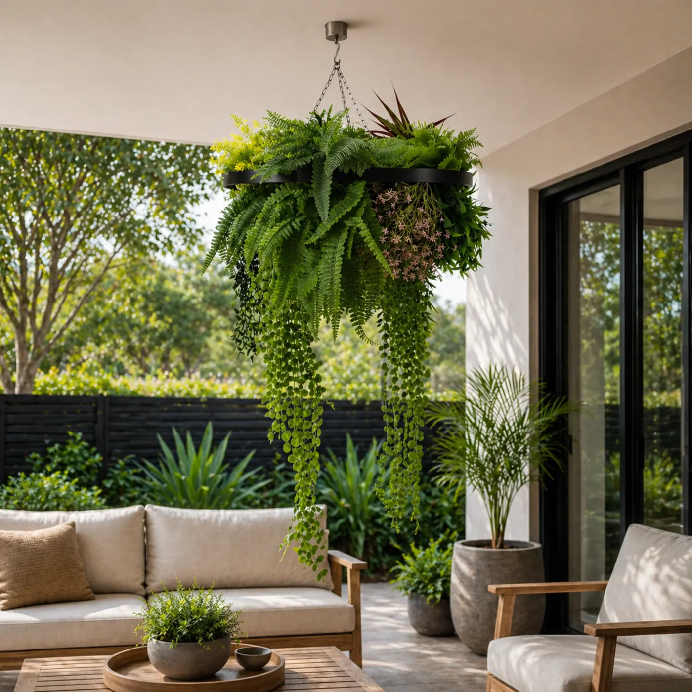 Black Artificial Hanging Plant Disc Chandelier with Tropical Fern Foliage & Trailing Greenery — 60cm UV Resistant