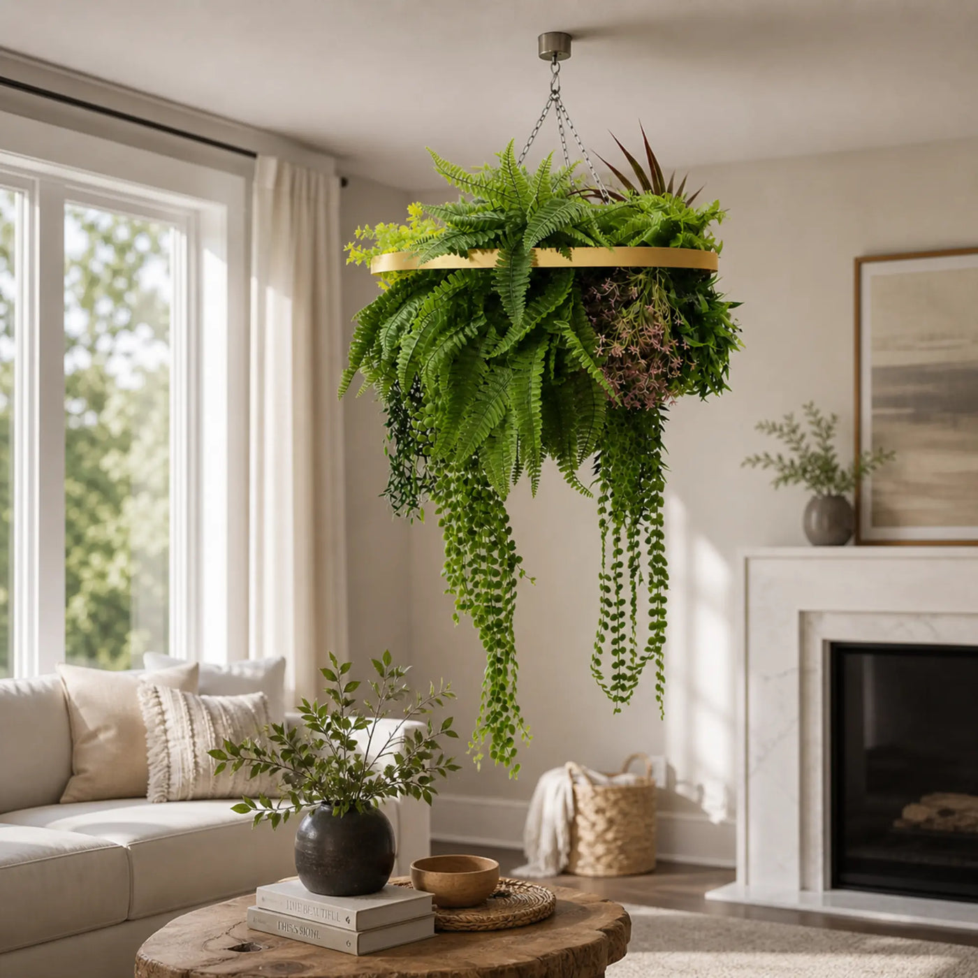 Gold Artificial Hanging Plant Disc Chandelier with Tropical Fern Foliage & Trailing Greenery — 60cm UV Resistant