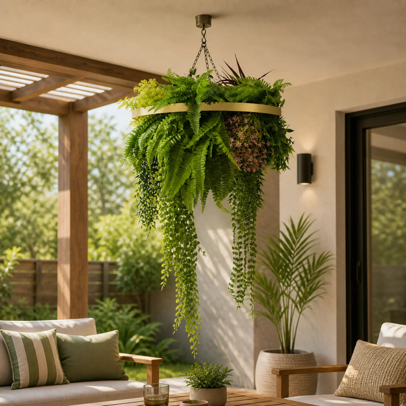 Gold Artificial Hanging Plant Disc Chandelier with Tropical Fern Foliage & Trailing Greenery — 60cm UV Resistant