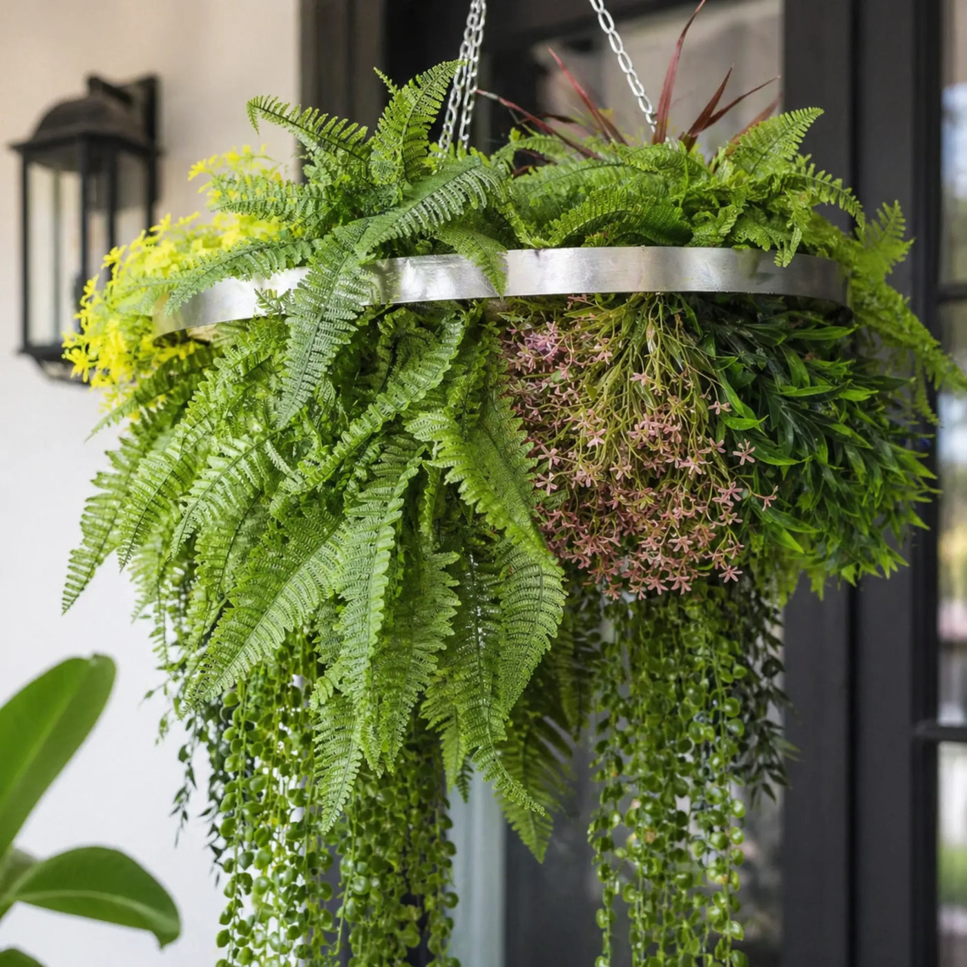 Silver Artificial Hanging Plant Disc Chandelier with Tropical Fern Foliage & Trailing Greenery — 60cm UV Resistant