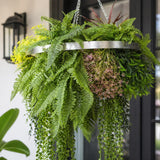 Silver Artificial Hanging Plant Disc Chandelier with Tropical Fern Foliage & Trailing Greenery — 60cm UV Resistant