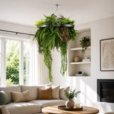 Silver Artificial Hanging Plant Disc Chandelier with Tropical Fern Foliage & Trailing Greenery — 60cm UV Resistant