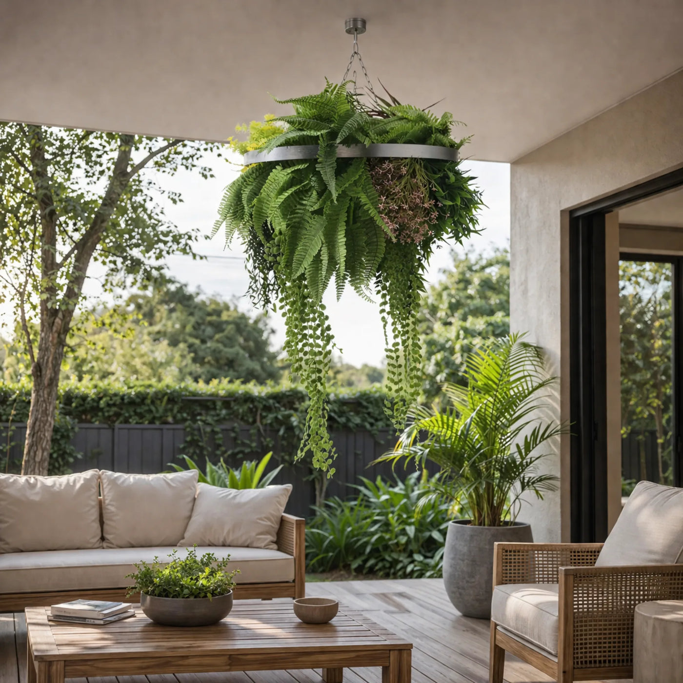 Silver Artificial Hanging Plant Disc Chandelier with Tropical Fern Foliage & Trailing Greenery — 60cm UV Resistant