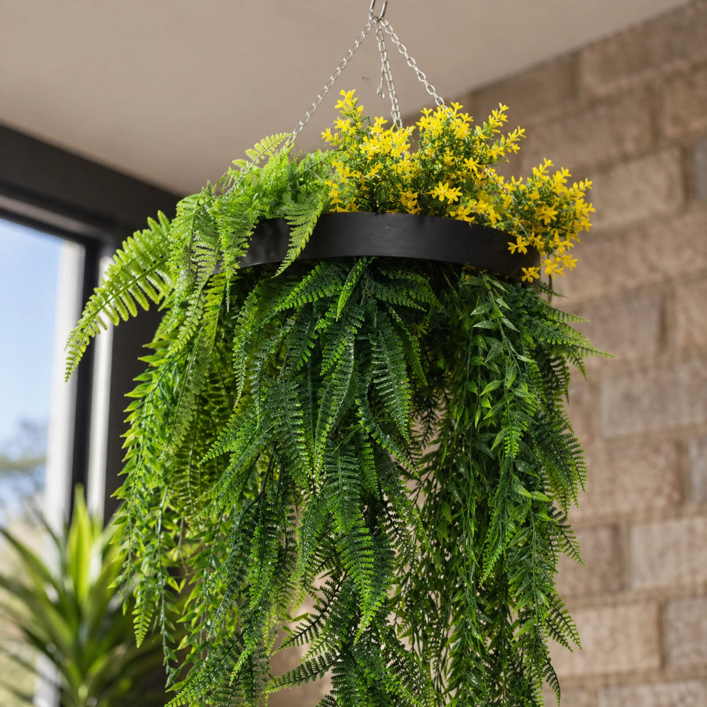 Black Artificial Hanging Plant Disc Chandelier with Bright Tropical Trailing Foliage & Draping Ferns — 40cm UV Resistant