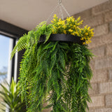 Black Artificial Hanging Plant Disc Chandelier with Bright Tropical Trailing Foliage & Draping Ferns — 40cm UV Resistant