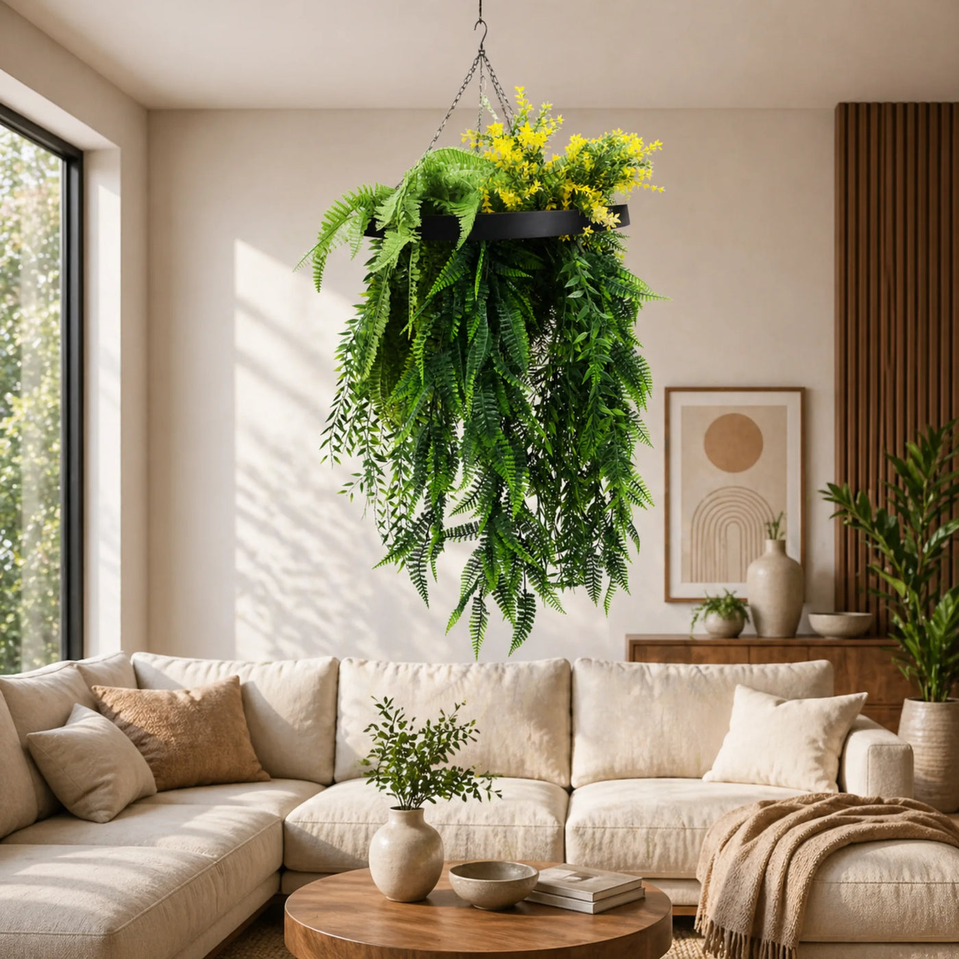 Black Artificial Hanging Plant Disc Chandelier with Bright Tropical Trailing Foliage & Draping Ferns — 40cm UV Resistant