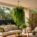 Black Artificial Hanging Plant Disc Chandelier with Bright Tropical Trailing Foliage & Draping Ferns — 40cm UV Resistant