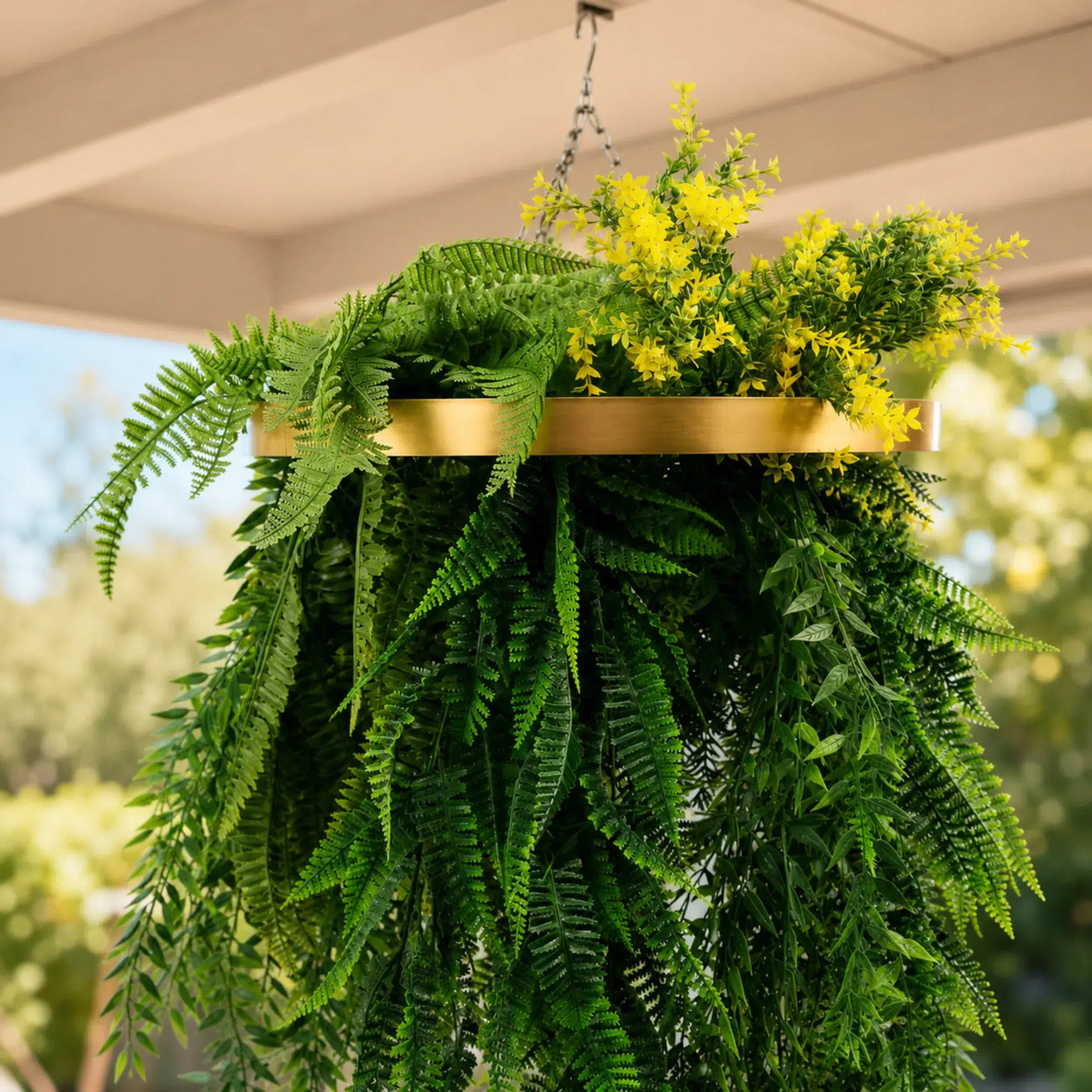 Gold Artificial Hanging Plant Disc Chandelier with Bright Tropical Trailing Foliage & Draping Ferns — 40cm UV Resistant