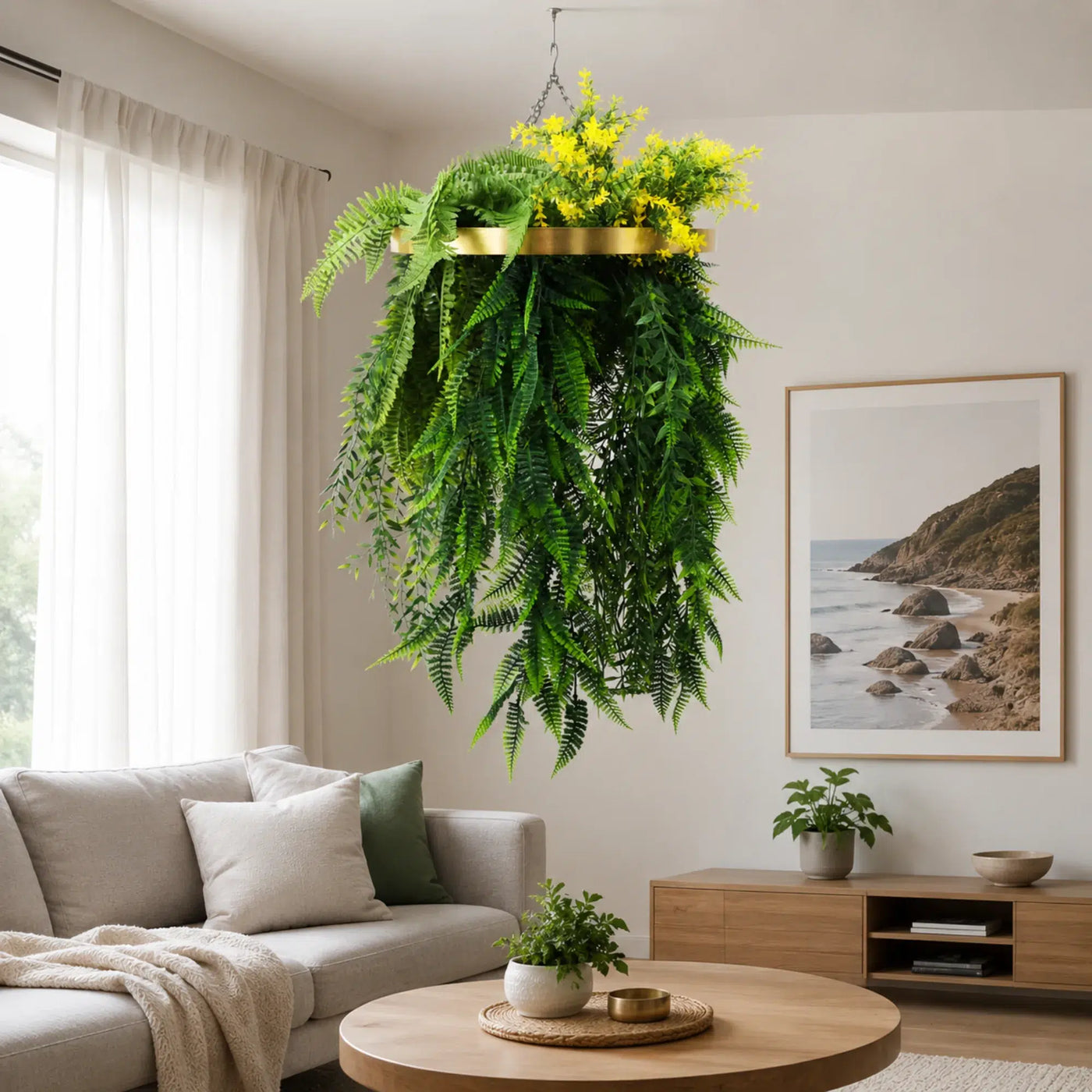 Gold Artificial Hanging Plant Disc Chandelier with Bright Tropical Trailing Foliage & Draping Ferns — 40cm UV Resistant