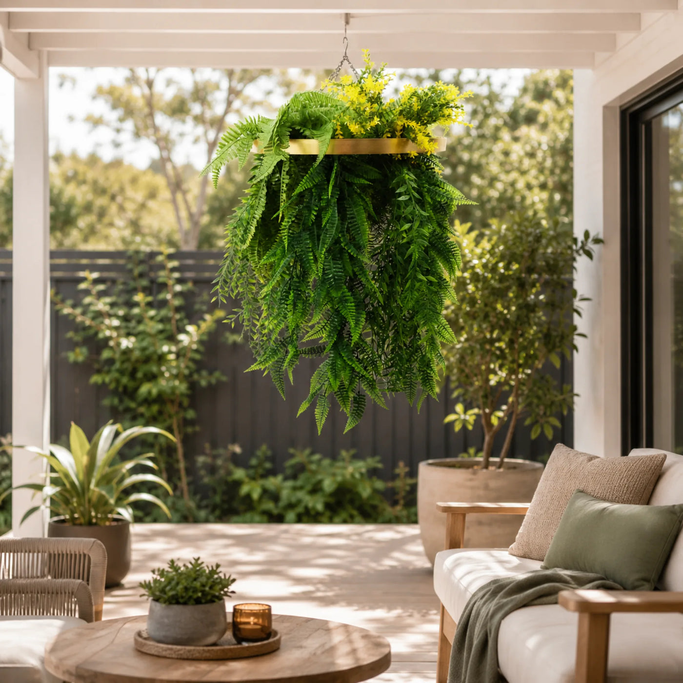 Gold Artificial Hanging Plant Disc Chandelier with Bright Tropical Trailing Foliage & Draping Ferns — 40cm UV Resistant