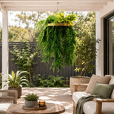 Gold Artificial Hanging Plant Disc Chandelier with Bright Tropical Trailing Foliage & Draping Ferns — 40cm UV Resistant